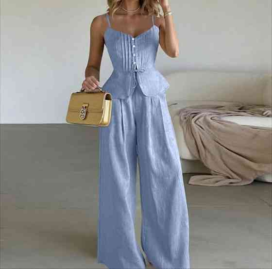 Женский летний брючный костюм двойка: топ и брюки лён Голубой, 50/52 Одесса