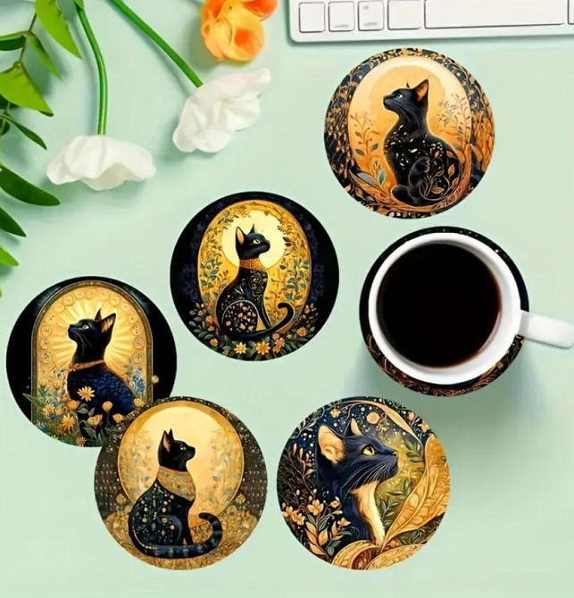 Набір із 6 дерев'яних підставок під чашку "Чорний кіт" (10 см), підставка під гаряче. Київ - фото 1
