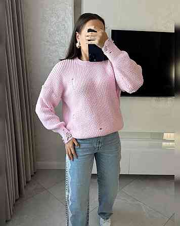 Жіночий затишний оверсайз светр із рваним ефектом машинне в'язання Рожевий Одеса