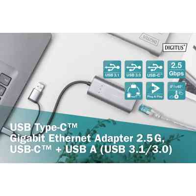 Перехідник USB-C + USB 3.0 to RJ45 2500Mbps Ethernet Digitus (DN-3028) Вінниця