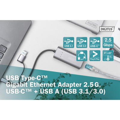 Перехідник USB-C + USB 3.0 to RJ45 2500Mbps Ethernet Digitus (DN-3028) Вінниця - фото 2