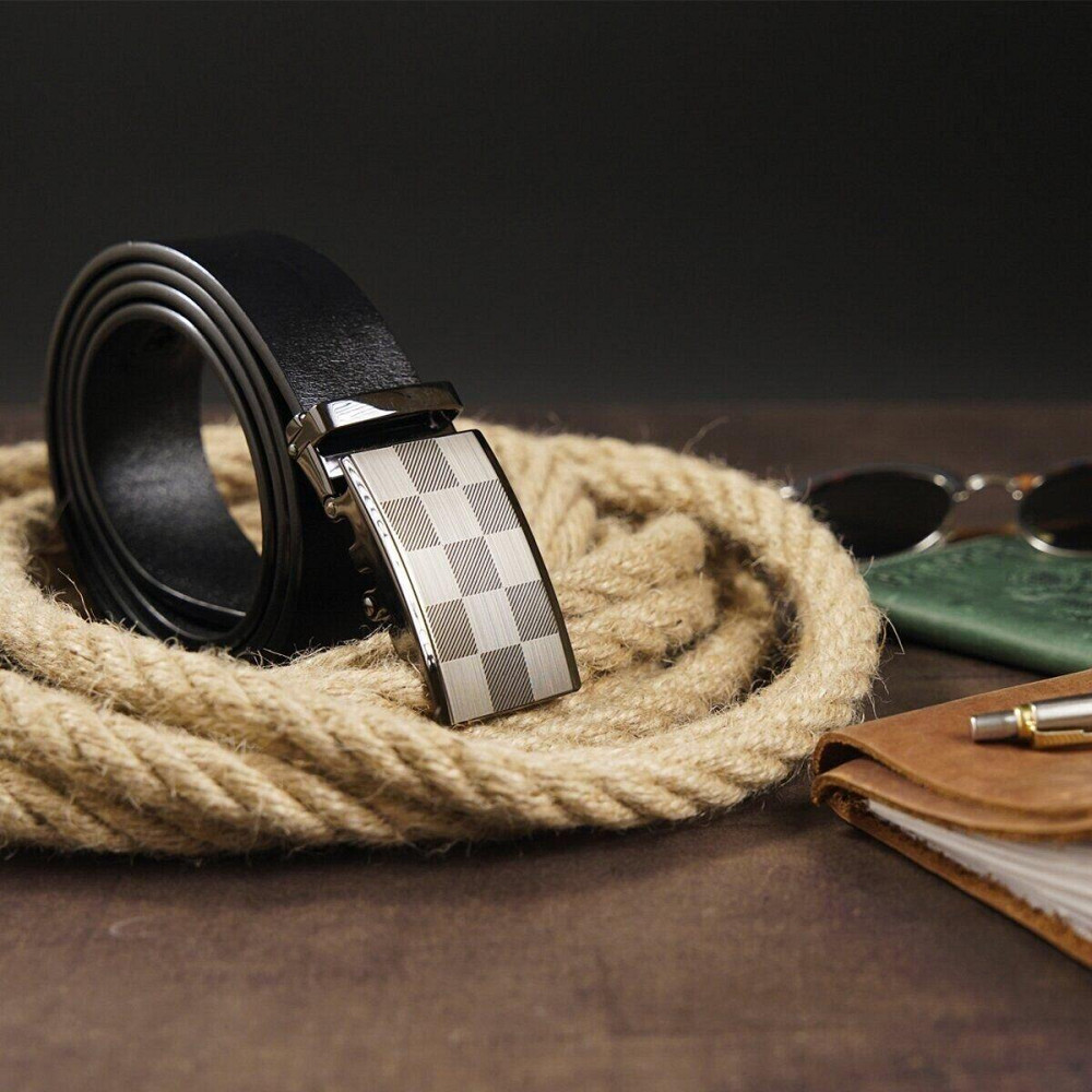 Ремінь чоловічий з автоматичною пряжкою шахматка Vintage 20266 Чорний Київ - фото 7