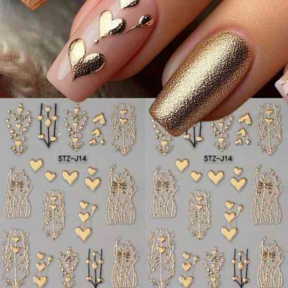 3D наклейки для ногтей золотые с сердцами – набор 2 шт Киев