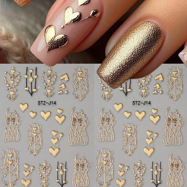 3D наклейки для ногтей золотые с сердцами – набор 2 шт Киев - изображение 4