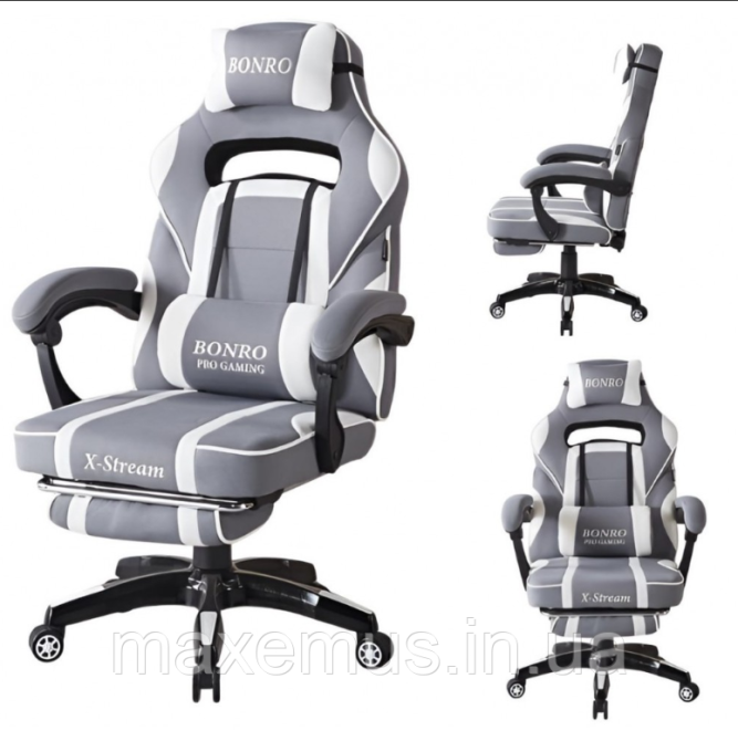 Геймерское кресло Bonro B141 с подставкой для ног тканевое компьютерное кресло бело-серое Мостиска - изображение 10