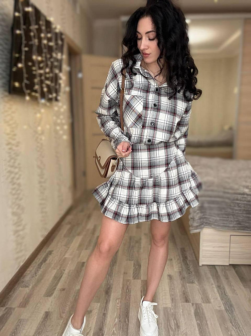 Жіночий стильний костюм-двійка: сорочка та спідниця в клітинку бавовна тіар Сірий, 46/48 Одеса - фото 4