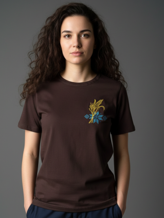 Жіноча коричнева вишита футболка вишиванка з голубим орнаментом і неймовірними колосками Київ