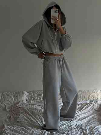 Женский базовый костюм двойка: кофта и брюки замша Серый Одесса