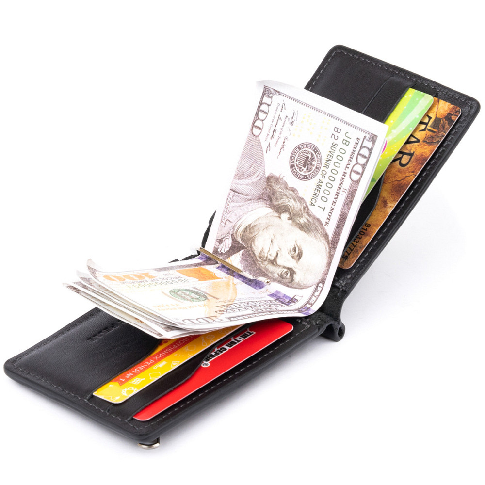 Стильне портмоне з затискачем для грошей без застібки в гладкій шкірі Чорне (GRANDE PELLE) Київ - фото 10