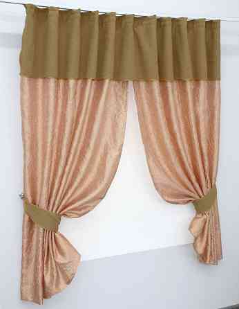 Кухонные шторы VR-Textil № 073к с ламбрекеном и подхватами персиковый с горчичным 270х170 см (52-0172) Киев