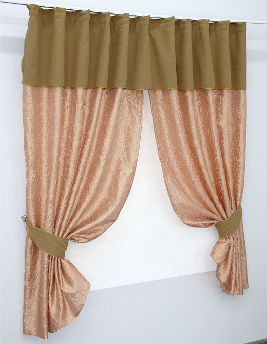 Кухонные шторы VR-Textil № 073к с ламбрекеном и подхватами персиковый с горчичным 270х170 см (52-0172) Киев - изображение 2