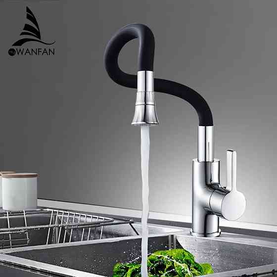 Смеситель кухонный с гибким изливом, однорычажный кран для раковины с аэратором WanFan Черный-Хром Каменец-Подольский