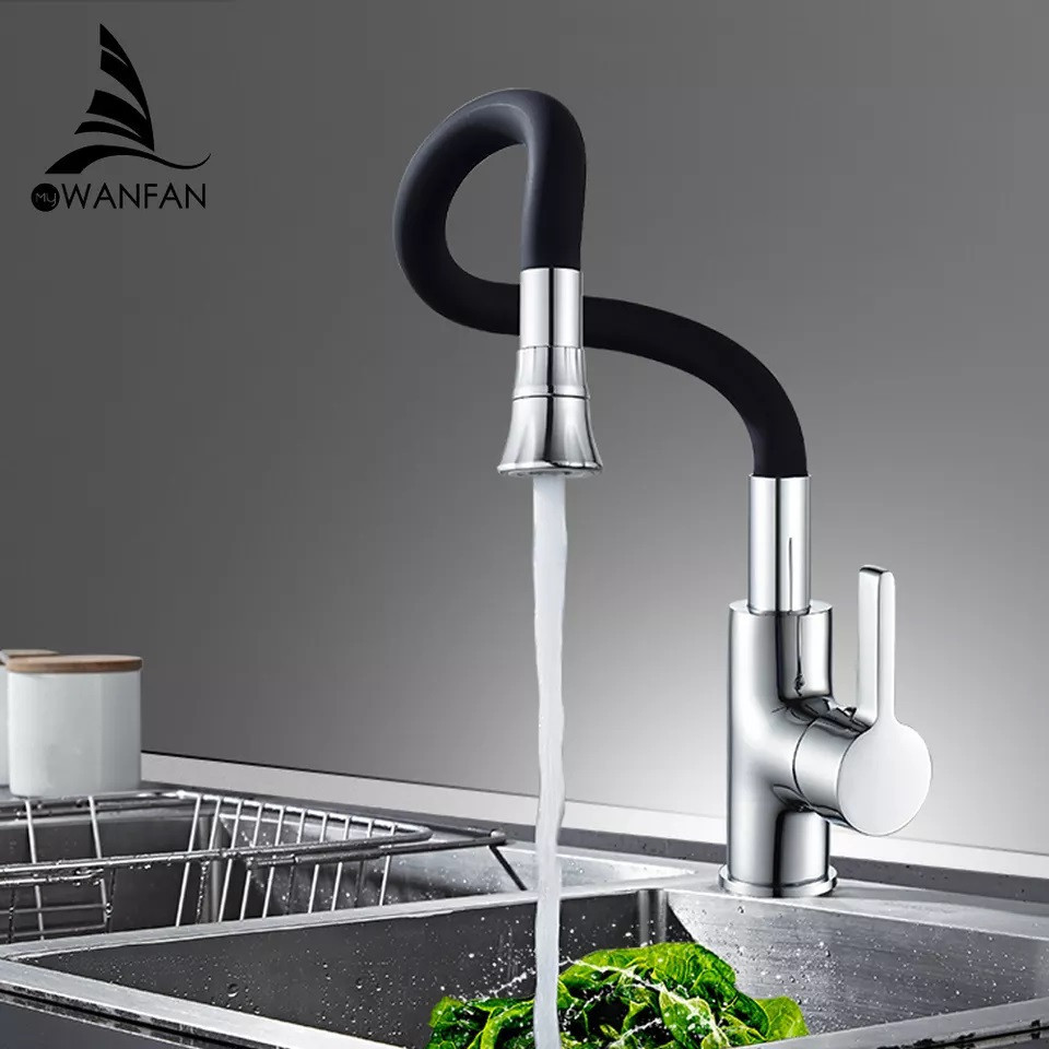 Смеситель кухонный с гибким изливом, однорычажный кран для раковины с аэратором WanFan Черный-Хром Каменец-Подольский - изображение 1
