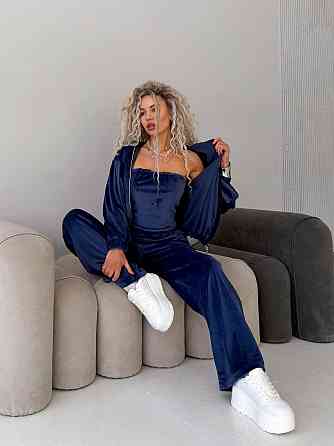 Жіночий велюровий костюм-трійка: кофта корсет і штани Синій, 48/52 Одеса