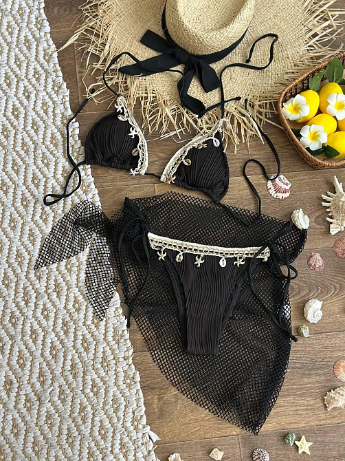 Женский раздельный купальник-бикини с юбкой на завязках с треугольной чашкой и поролоновыми вставками с декором бифлекс черный L Одесса - изображение 5