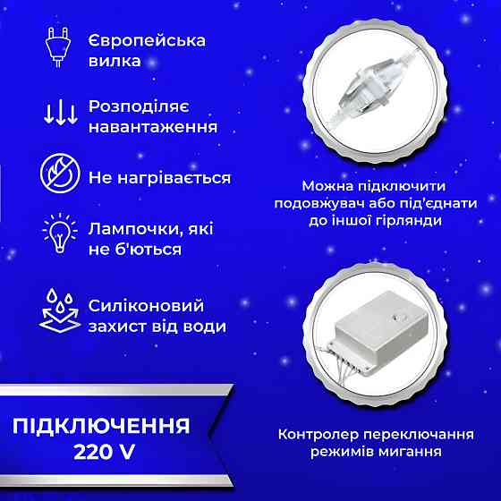 Гірлянда-штора 3х2 м, 144 LED, синя, мідний провід Київ