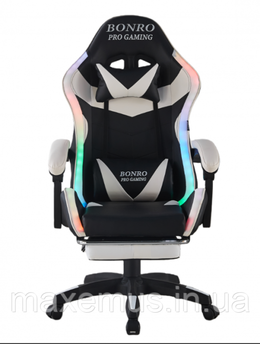 Геймерское компьютерное кресло Bonro B-144 Белое с RGB подсветкой, массажем и подножкой Мостиська - фото 13