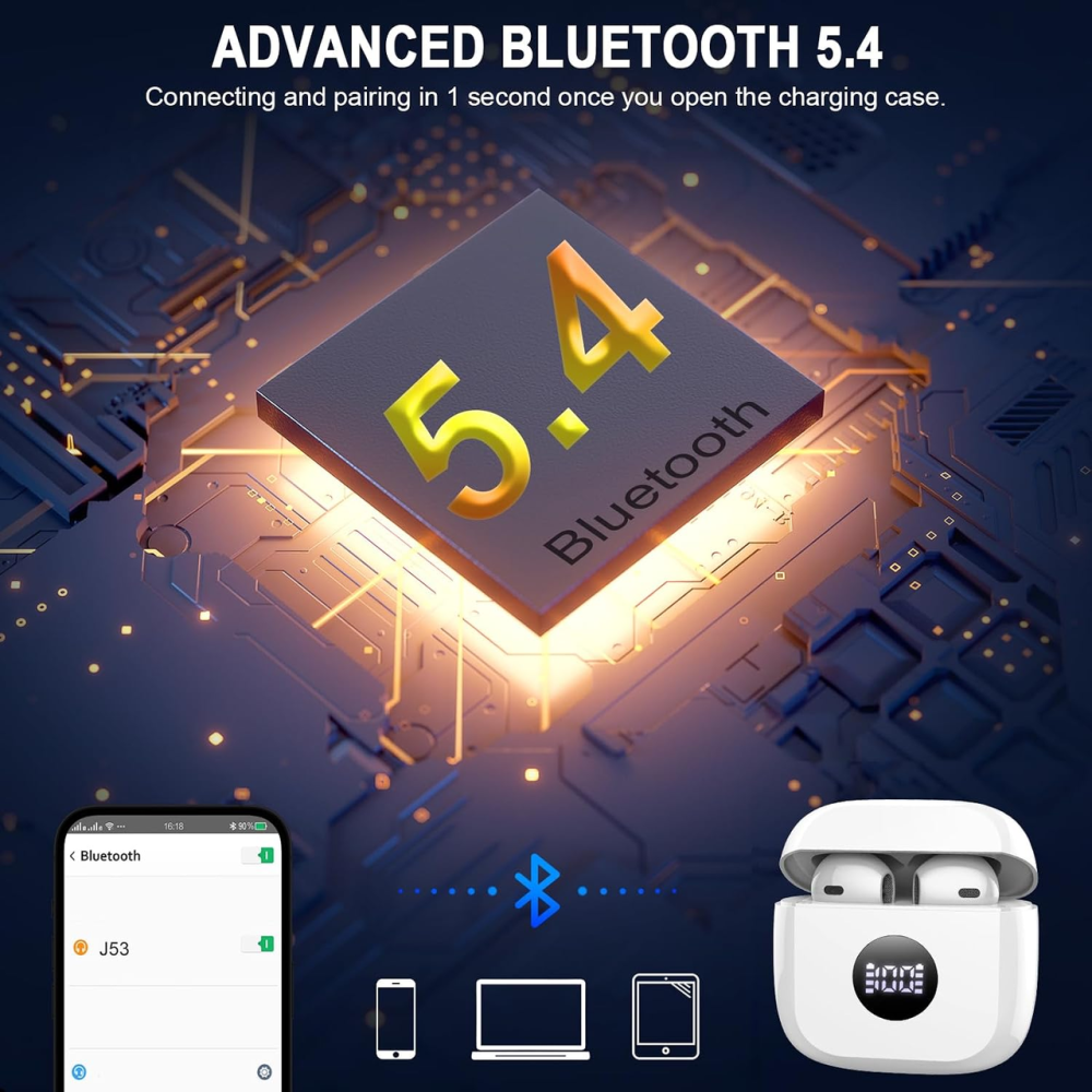 Jxrev J53 беспроводные наушники Bluetooth 5.4, 13 мм, 40 ч, ENC, IP7, LED-дисплей, сенсорное управление, Pearl White Киев - изображение 4