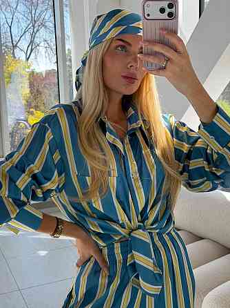 Костюм-трійка з дабл сатину, oversize сорочка і штани палаццо, блакитний, розмір S-L Лубны