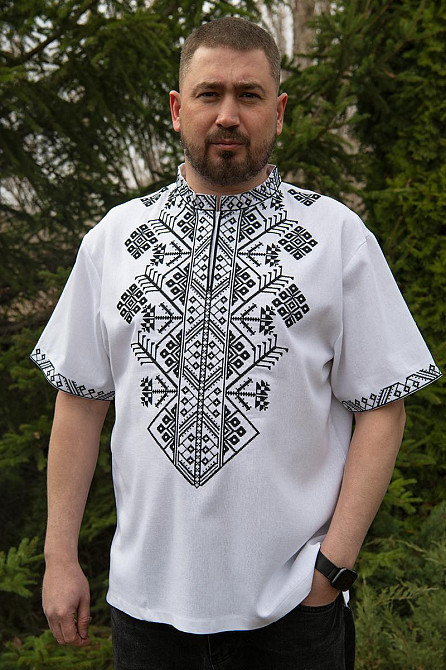 Вышиванка льняная, мужская,  белая,короткий рукав, лен, топ 56/58 Киев - изображение 1