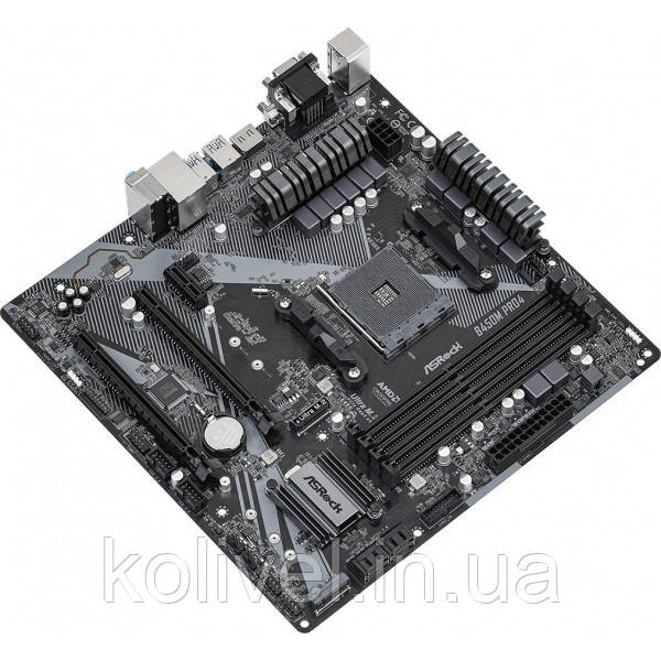 ASRock B450M Pro4 R2.0 (AM4/B450, 4*DDR4, 2xPCIex16, DVI-D/HDMI/VGA, 4xSATAІІІ, M.2, GLan, 8ch, mATX (B450M Київ - фото 3