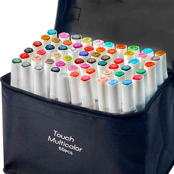 Набір маркерів двосторонніх, спиртові Touch Multicolor 60 шт для малювання + Підставка для маркерів чорна Кам'янець-Подільський