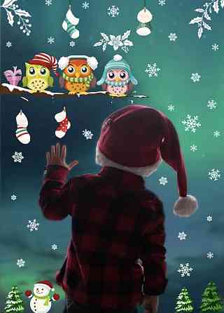 Новорічні наклейки сови на гілці - розмір стікера 25*70см, силікон Київ