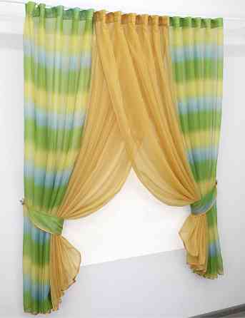 Кухонні шторки VR-Textil № 111к комбіновані золотистий з оливково-жовтим та блакитним 400х170 см (52-0225) Київ