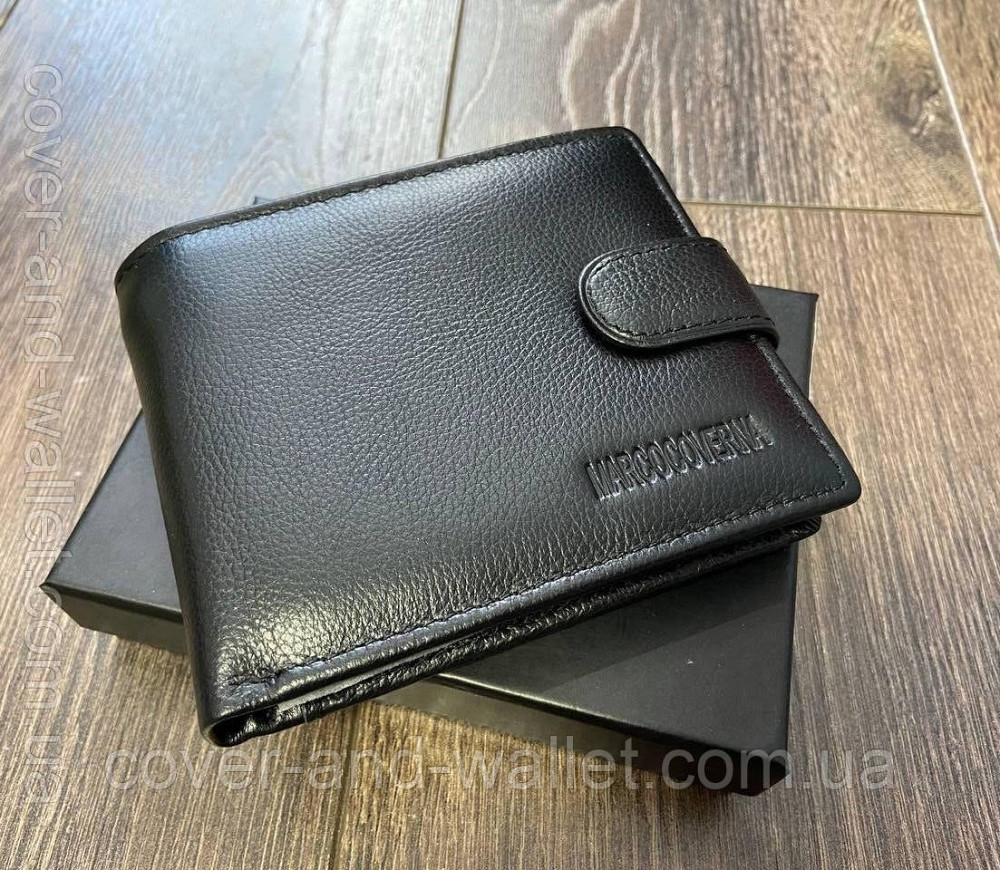 Тонкий чоловічий шкіряний гаманець чорного кольору Marco Coverna M4 Київ - фото 1