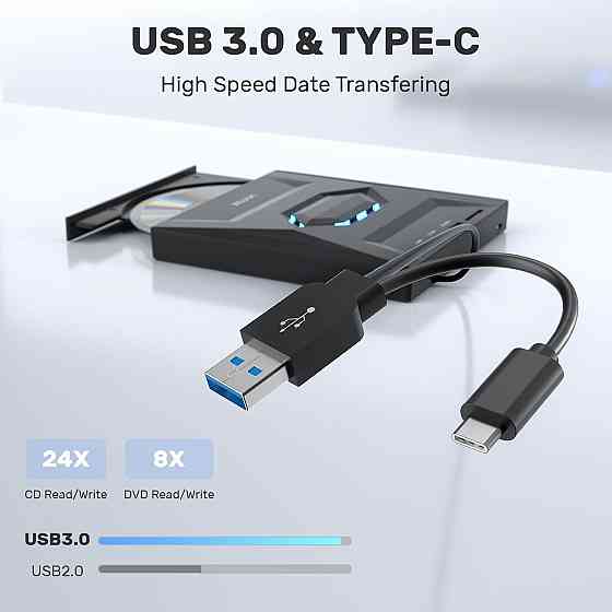 Зовнішній CD/DVD привід UNITEK T037A з 2*USB, Type C та слотом для карт SD Луцьк