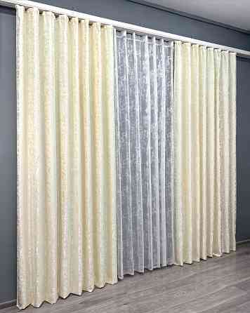 Комплект штор VR-Textil Льон Мармур 150х270 2шт і Тюль 600х270 1908ш-1400т Молочний з білим 71-136/5 Київ
