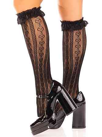 Гольфи ажурні Leg Avenue Sweetheart Ruffle Cuff Knee Highs, чорні, з рюшами, малюнок-сердечка Sex Aura Київ