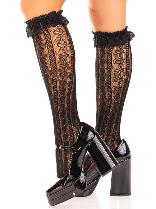 Гольфи ажурні Leg Avenue Sweetheart Ruffle Cuff Knee Highs, чорні, з рюшами, малюнок-сердечка Sex Aura Київ - фото 2