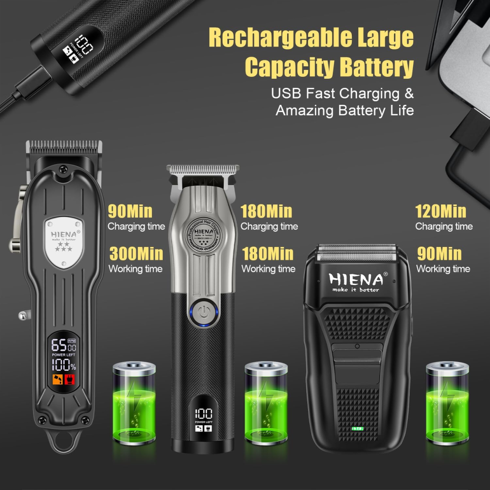 Набір для стрижки HIENA PRO HYN-208+601+303, машинка, тример T-Blade, шейвер, LED-дисплей, USB-C, чорний Київ - фото 4
