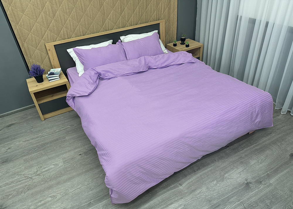 Комплект постільної білизни Страйп-сатин Євро 200х230 з простирадлом на резинці Лавандовий (88-176) Київ - фото 3