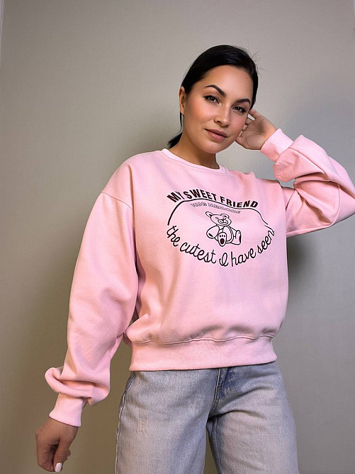 Свитшот женский A-N 25057 с рисунком мишкой впереди оверсайз средней длины комфорт one size, розовый, one size Киев - изображение 7