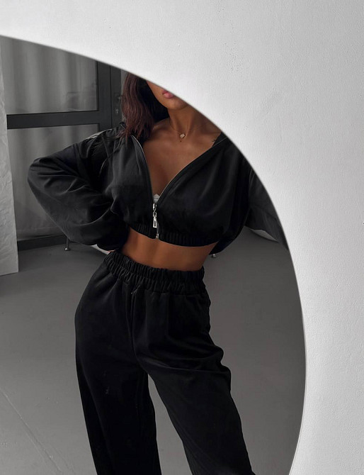 Женский плюшевый прогулочный костюм двойка: кофта и штаны турецкий велюр Черный, 46/48 Одесса - изображение 1