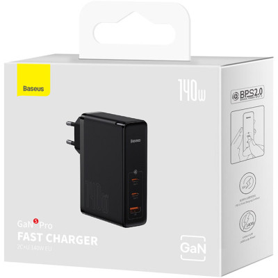 Зарядний пристрій Baseus 2xUSB-C 140W + 1xUSB GaN + cable USB-C to USB-C black (CCGP100201) Вінниця - фото 11