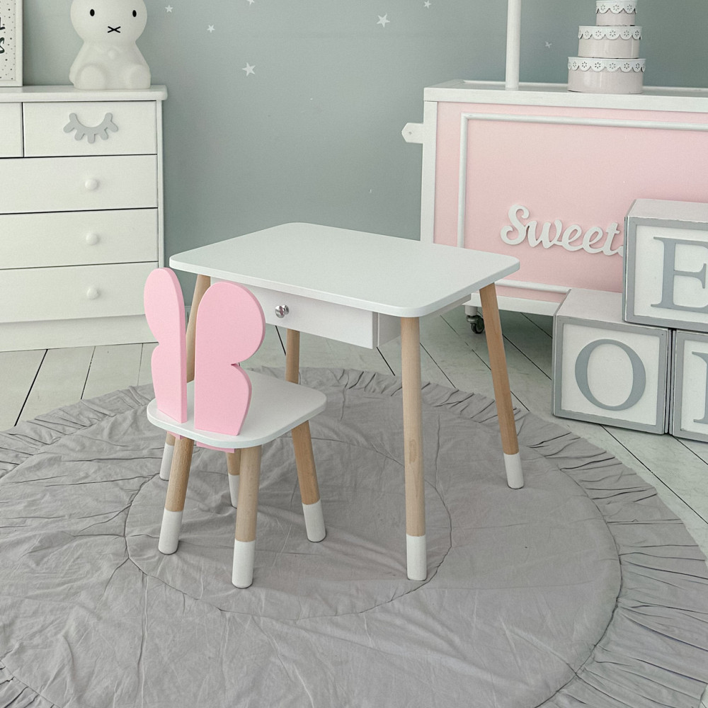 Стол прямоугольный с ящиком 46х60х45 и стул бабочка 26.5х26х25, столик и стульчик для девчачьей комнаты, розовый с белым Киев - изображение 19
