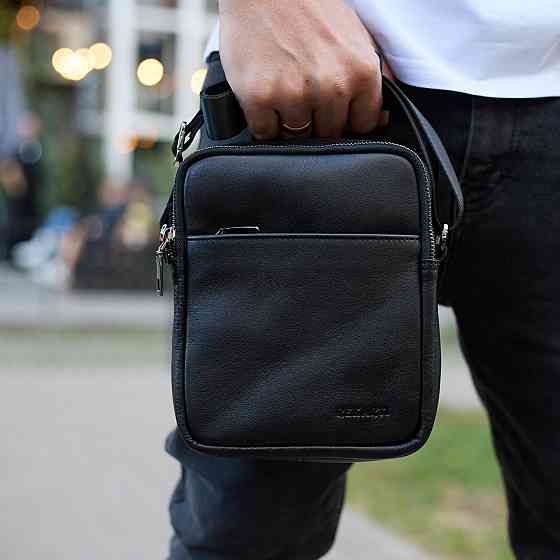 Мужская сумка через плечо, гладкая кожа 20х16х6, мессенджер для города, борсетка для телефона и документов, черная Киев