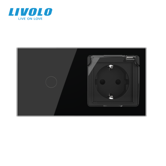 LIVOLO Сенсорний вимикач + розетка вологозахисна з кришкою IP44, з заземленням, чорна скляна ма Коломыя