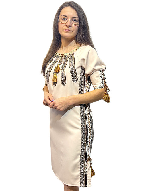 Женское вышитое традиционное платье с регулирующейся шнуровкой по бокам с коричневым орнаментом Киев - изображение 3