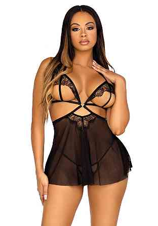 Сорочка бебі-дол з відкритими чашками Leg Avenue Lace and mesh babydoll & panty Black M, стрінги Sex Aura Київ