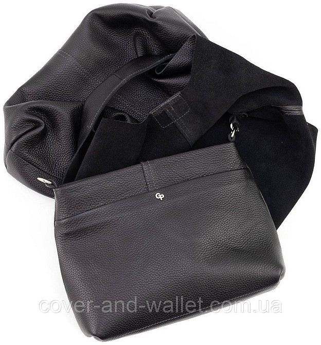 Стильна жіноча шкіряна сумка-кроссбоді з текстильним ремінцем чорного кольору Grande Pelle 729710 Київ - фото 7