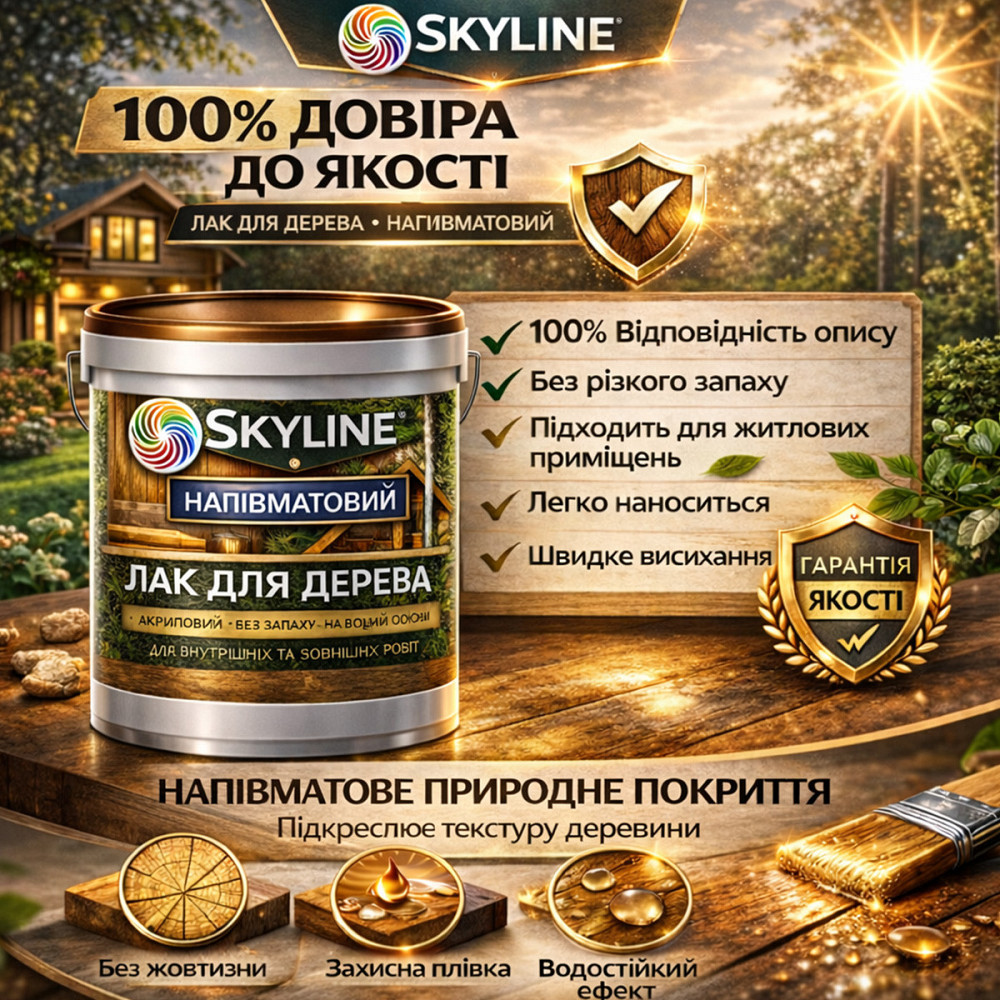 Лак для дерева Skyline напівматовий акриловий прозорий без запаху для внутрішніх та зовнішніх робіт 3 л Харків - фото 9