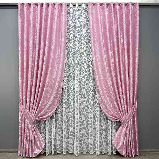 Комплект штор VR-Textil Жаккард Вензель 100х270 2шт и Тюль 300х270 476ш-1147т Розовый с белым 71-102/1 Киев