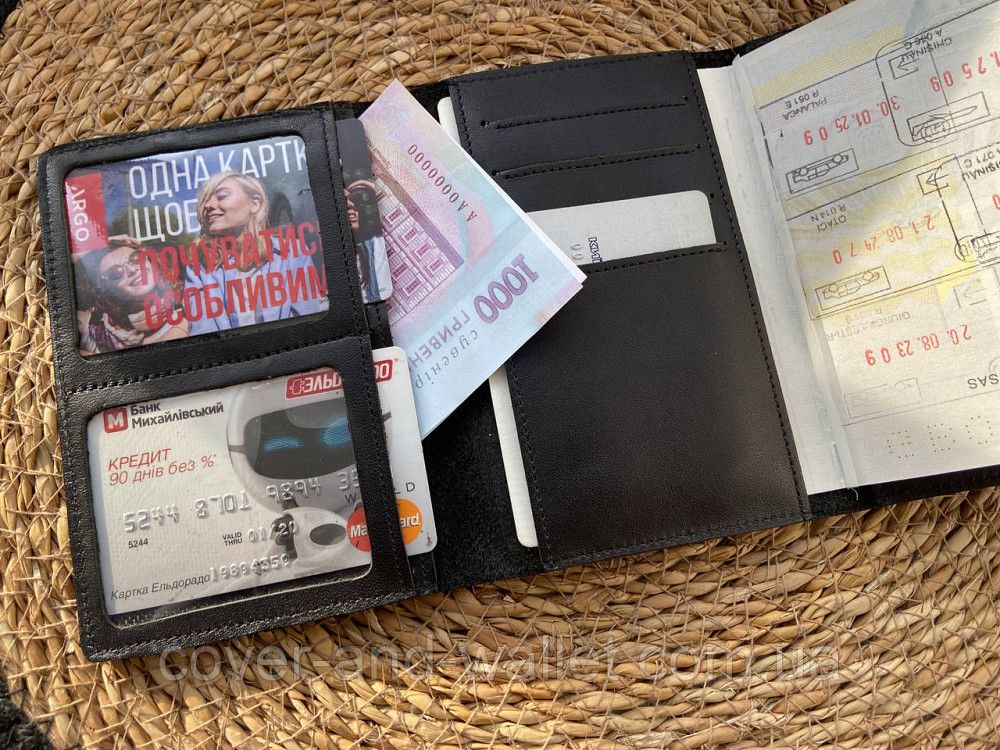Тонкий чоловічий портмоне для паспорта та автодокументів з натуральної шкіри з тисненням марки авто Puos Київ - фото 1