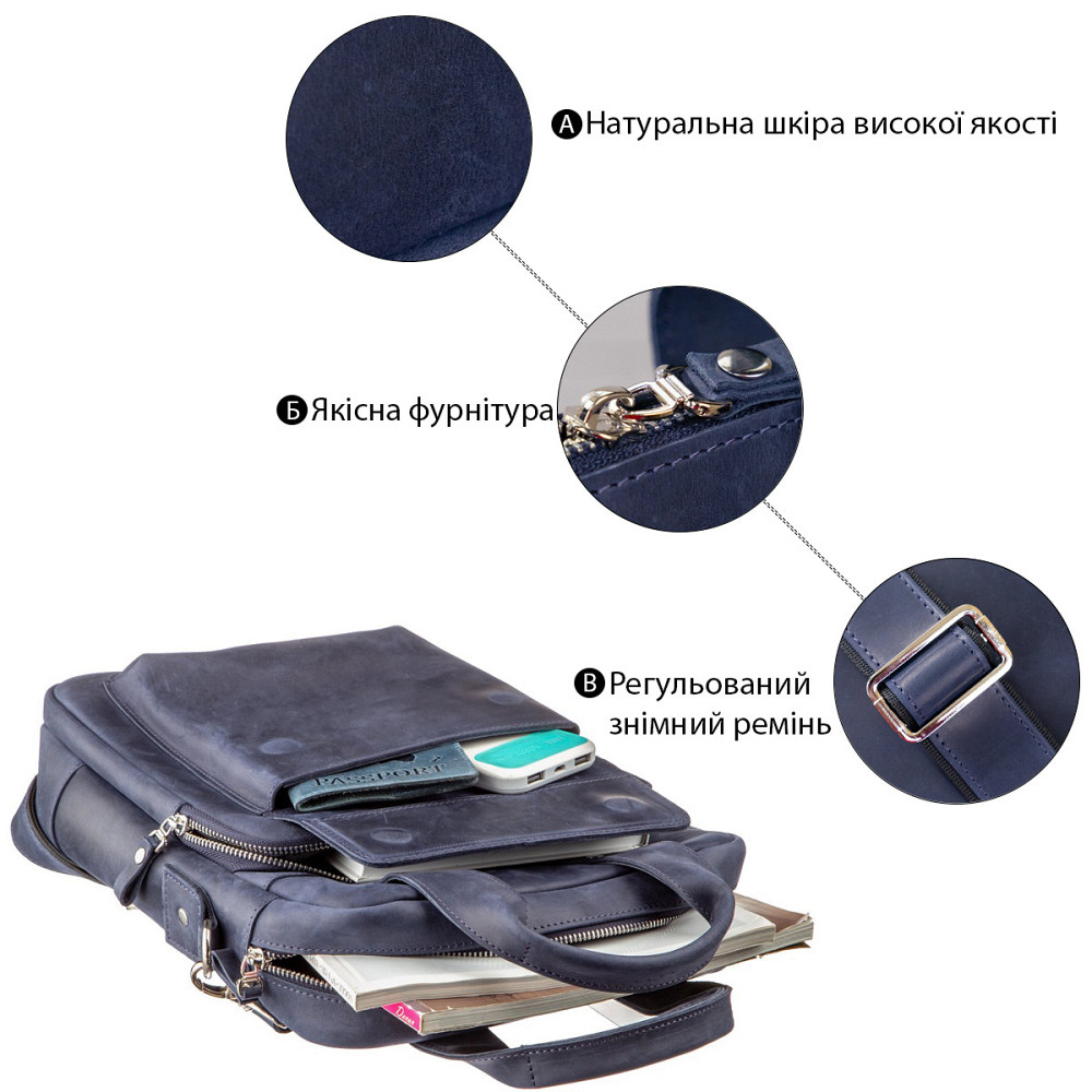 Стильна сумка під А4 вертикального формату в матовою шкірі 11170 SHVIGEL, Синя Київ - фото 5