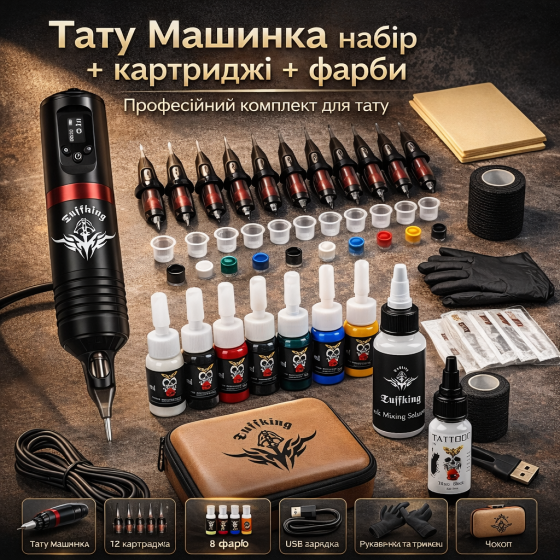 Тату Машинка Беспроводная с аккумулятором 1800mAh + картриджи + краски | Профессиональный набор для тату с дисплеем Киев
