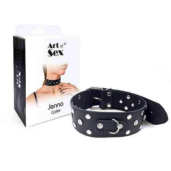 Ошейник из натуральной кожи с заклепками и стразами Art of Sex - Jenna Collar, Черный Sex Aura Киев